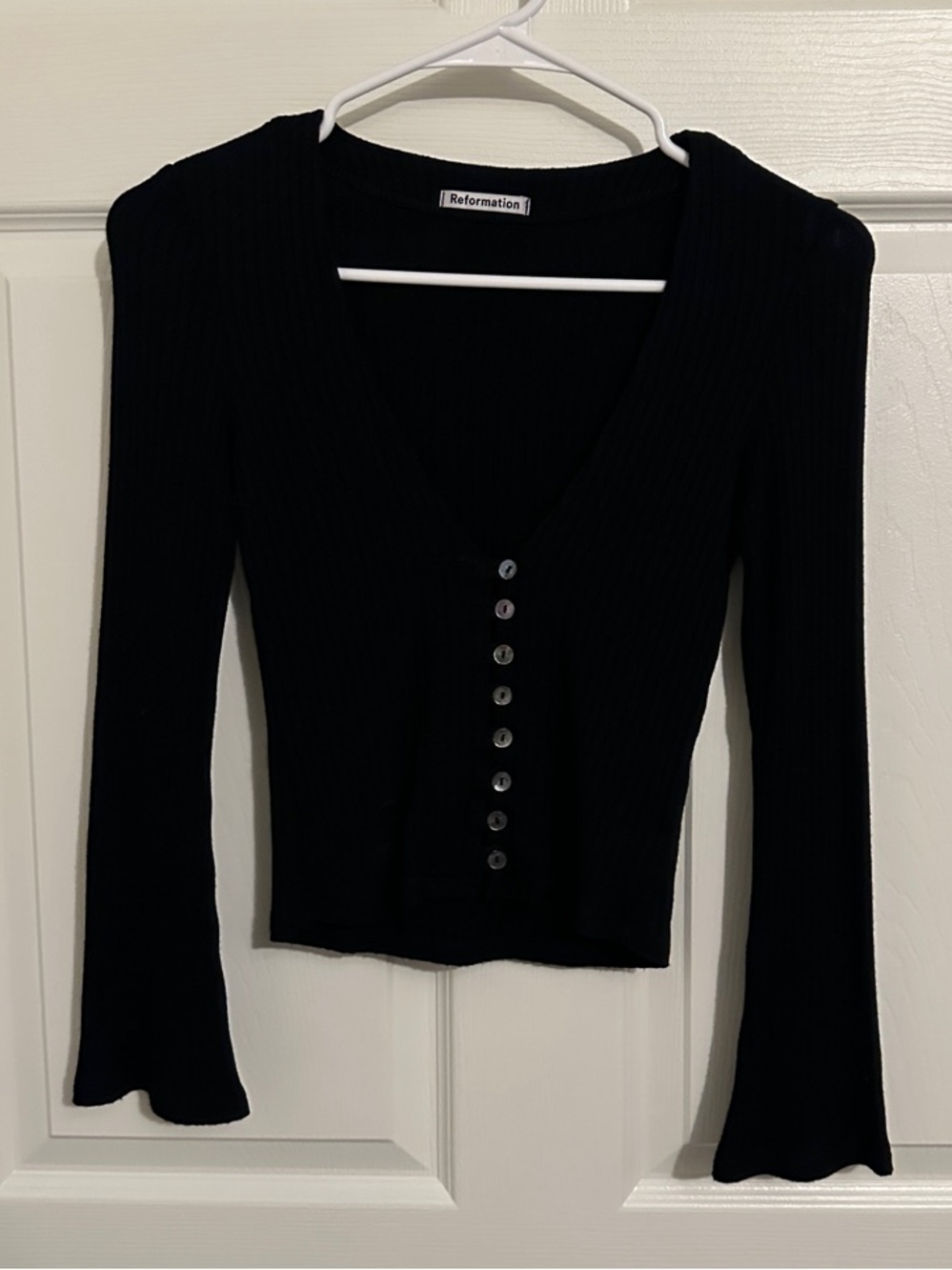 Reformation Black Ribbed Button-Front V-Neck Long Sleeve Top